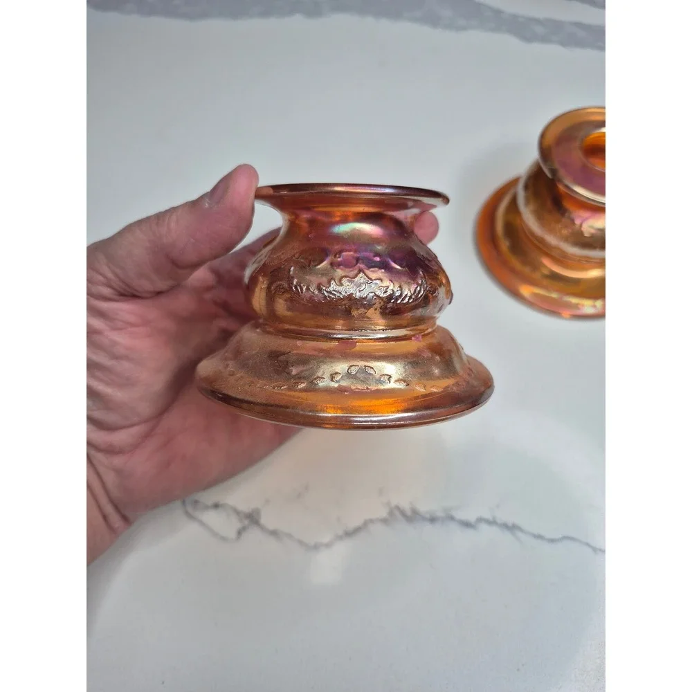 Vintage Amber Iridescent Federal Glass Candle Holders Set of 2 Embossed‎ Floral